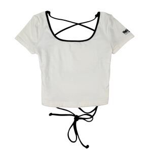 Vintage Mossimo 90s White Crop Top Contrast Trim Lace-Up Back XS 90s Sport Y2K
